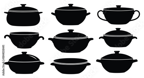 Cooking pots and covered silhouettes serving dishes for culinary design