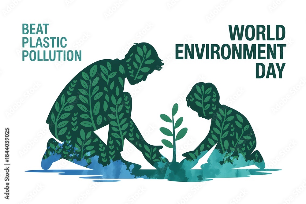 Fototapeta premium World environment day man and child planting a tree on beat plastic pollution day
