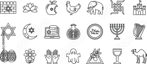 Black and White Religious and Cultural Icon Set Featuring Faith, Tradition, Symbols, Diversity, Spirituality, and Heritage for Design Projects