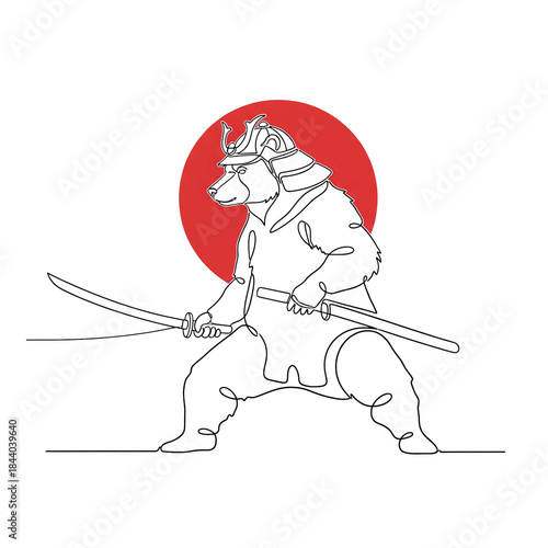 Samurai Bear Japanese Line Art Illustration　Minimal Japanese Modern Artwork of a Bear Warrior with Sword