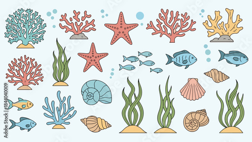 Colorful Sea Life Vector Collection - Coral Reef, Tropical Fish, and Shells.eps