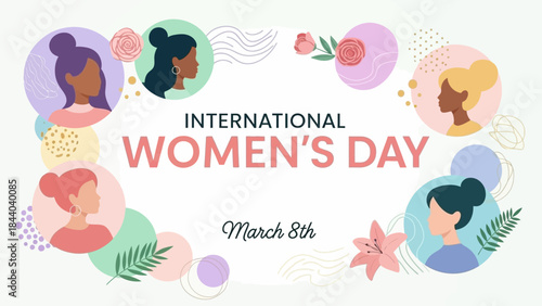 International Womens Day Celebration with Diverse Female Faces and Floral Accents.