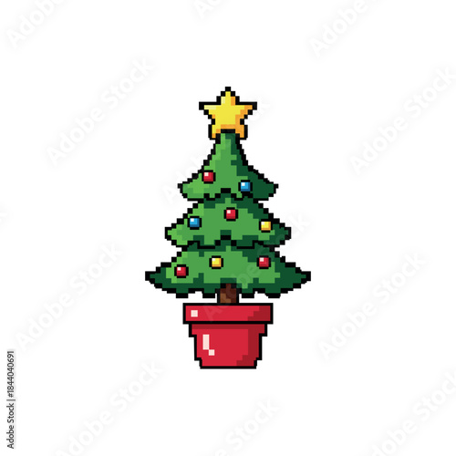 A clean, neat and high quality retro style pixel art illustration of a Christmas tree, decorated with colorful ornaments and a star at the top,