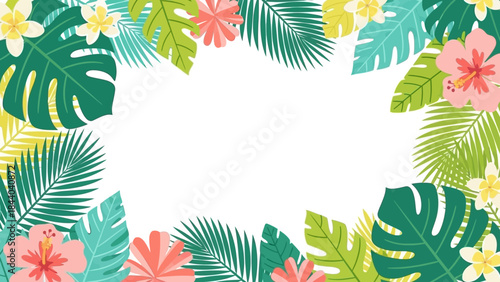 Vibrant Tropical Leaves and Hibiscus Flowers Frame.