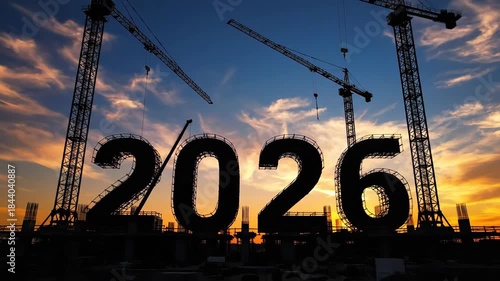 Silhouette of cranes and construction site at sunset with the year 2026