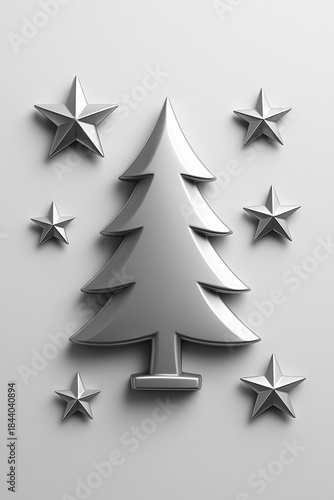 Minimal silver Christmas tree icon with metallic 3D embossed effect, surrounded by shiny silver stars on a clean white background. Elegant and modern holiday design suitable for Christmas greetings.