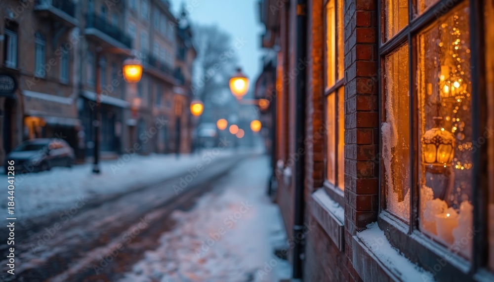 Fototapeta premium winter wonderland background frozen cobblestone street warm light