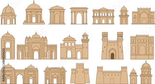 Collection of iconic Mughal, Persian, and Indo-Islamic architectural landmarks featuring domes, arches, forts, palaces, and cultural monuments vector