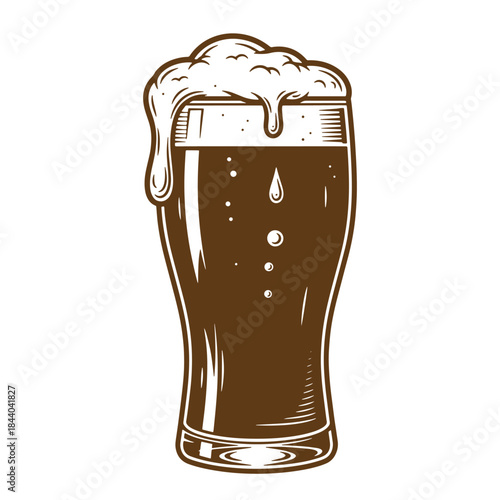 Artistic sketch illustration of a glass of dark beer with bubbles and foam on white background