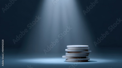 Stacked Coins Illuminated by Spotlight on Dark Background, Symbolizing Finance, Wealth, Investment, and Prosperity in Minimalist Style