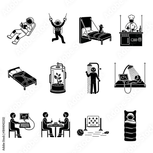 Stylized icons representing daily life in space, astronaut leisure, space travel, and the future of living beyond Earth, exploring themes of isolation