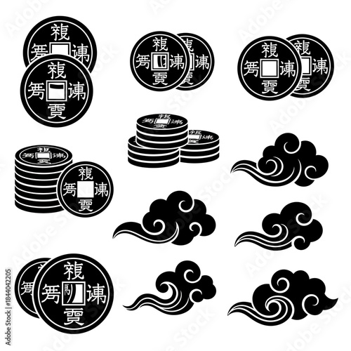 Prosperity coins and swirling clouds for Chinese New Year celebrations, bringing good fortune and luck in the Year of the Dragon, a modern cultural icon