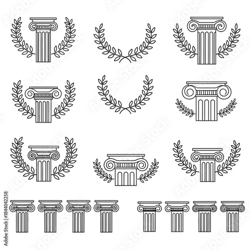 Elegant architecture icons featuring classic Greek columns and olive branch wreaths, perfect for creating logos or showcasing timeless beauty and design principles