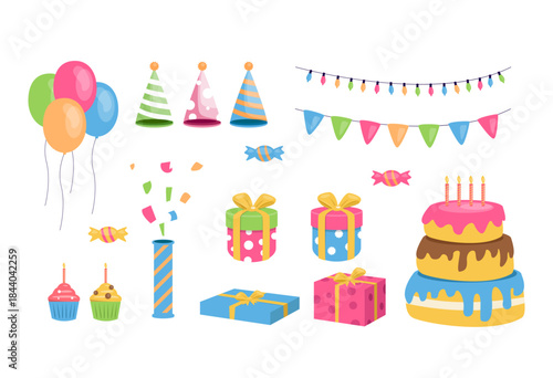 Birthday party decorations. Full color cartoon kid style. Gifts, confetti, balloons, cake, hat, candy, lamp, flag