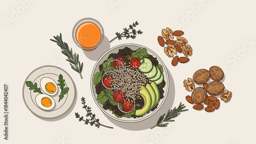 Healthy and Nutritious Meal with Fresh Salad, Boiled Eggs, Nuts, and Juice.