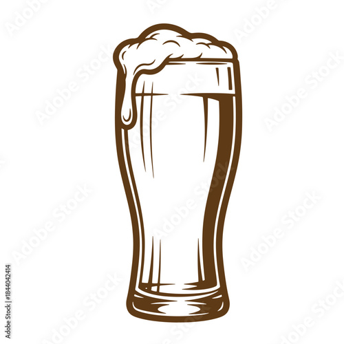 Classic sketch vintage beer glass with foamy head on a white isolated background
