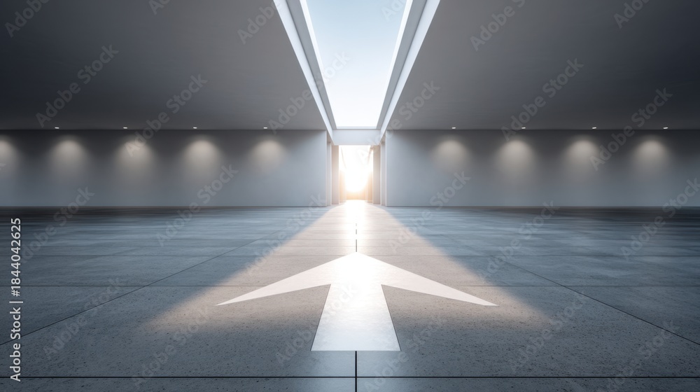 Obraz premium Modern minimalist interior with an illuminated path and bright doorway, symbolizing freedom, exploration, and new beginnings in a spacious environment