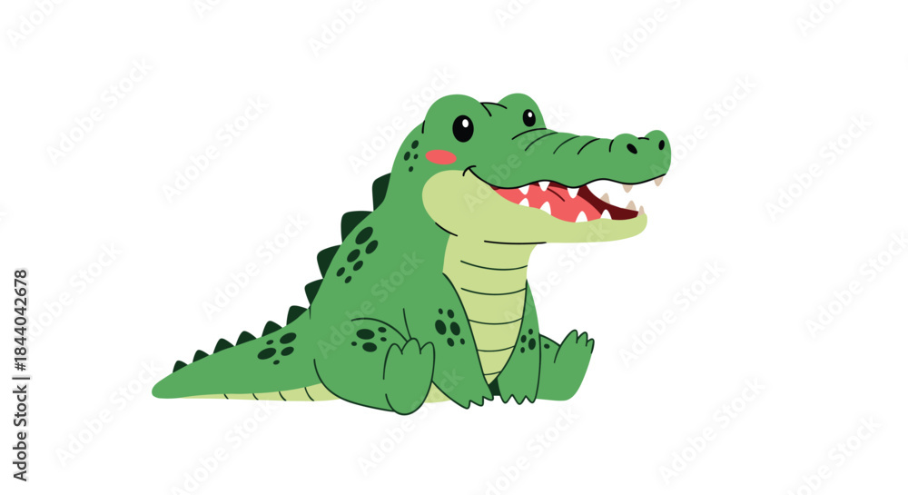 Fototapeta premium Cute and friendly baby alligator character sitting down with a wide, happy smile and blushing cheeks in a charming illustration.