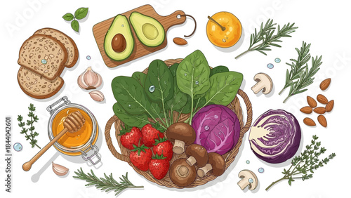 Healthy Food Basket with Fresh Vegetables and Ingredients.