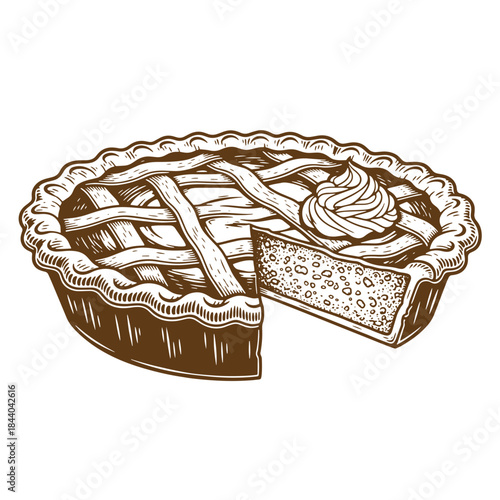 Delicious hand drawn sketch vintage pie with lattice crust and whipped cream for dessert