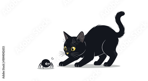 Curious black cat in a playful pouncing stance, ready to bat at a small, cute spider in a charming Halloween-themed illustration.