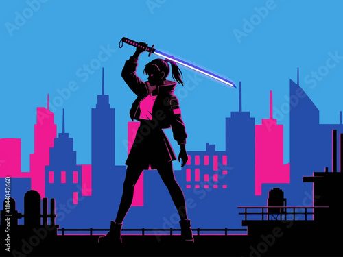Cyberpunk Warrior with Neon Katana on Rooftop.