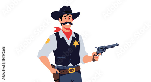 Friendly cartoon cowboy or sheriff with a mustache and badge, smiling confidently while holding a classic six-shooter pistol.