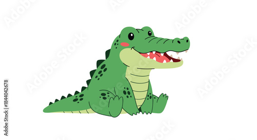 Cute and friendly baby alligator character sitting down with a wide, happy smile and blushing cheeks in a charming illustration.