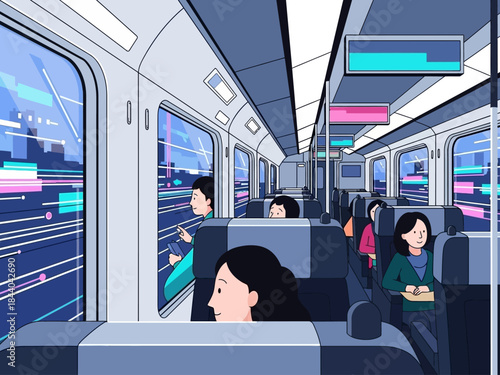 People traveling on a modern train with city lights passing by.