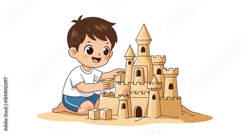 Creative young boy having fun at the beach, kneeling in the sand while carefully building a large and elaborate sandcastle.