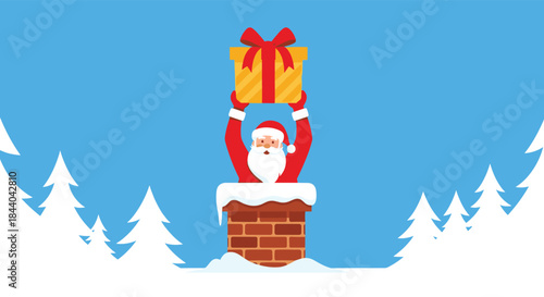 Cheerful Santa Claus popping out of a snowy chimney in a winter forest, holding up a beautifully wrapped yellow Christmas present.