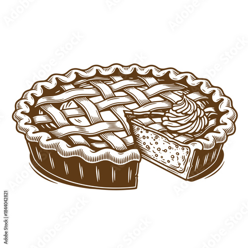 Delicious vintage sketch illustration of a lattice crust pie with a slice removed