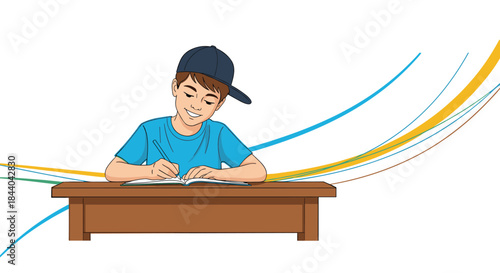 Happy young student in a blue cap diligently writing in a notebook at his desk, with colorful abstract lines flowing in the background.