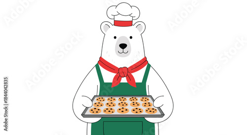 Adorable polar bear character dressed as a chef with a hat and apron, proudly presenting a tray of freshly baked chocolate chip cookies.