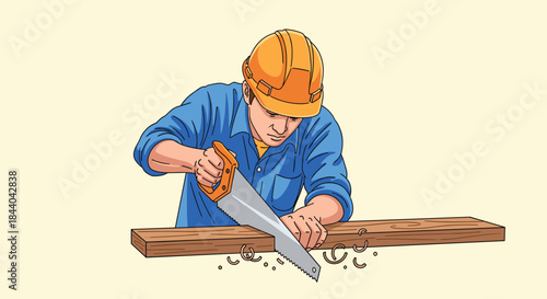 Focused male carpenter wearing a blue shirt and an orange hard hat diligently sawing through a wooden plank with a hand saw.