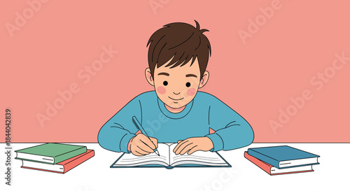 Diligent young boy with blushing cheeks sitting at a white desk and writing in a notebook, surrounded by stacks of colorful books.