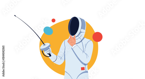 Fencer in a full white uniform and mask holding an epee foil, captured in a thoughtful pose against a colorful abstract background.