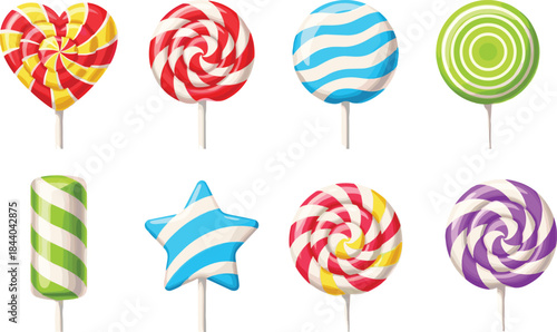 Colorful lollipop collection featuring heart, star, swirl, and striped candy designs in vibrant shapes for sweet-themed vector illustration