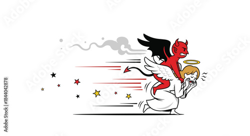 Humorous cartoon of a mischievous red devil with a tail and wings, riding on the back of a terrified angel who is running away.