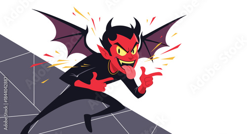 Playful red devil character with large wings and horns, sticking his tongue out and pointing his fingers in a cheeky gesture.