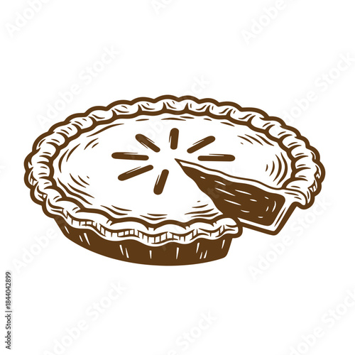 Delicious vintage sketch illustration of a freshly baked pie with a slice missing