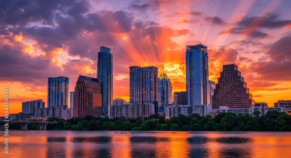 Fototapeta premium Panoramic urban landscape at dusk reflecting on water offering captivating vibrant hues