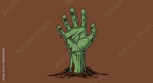 Creepy green zombie hand covered in blood, reaching up from a mound of dirt in a graveyard for a scary Halloween concept.