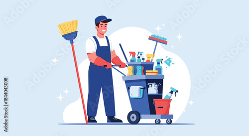 Cheerful male janitor in a blue uniform and cap, standing with a fully stocked cleaning cart, a broom, and sparkling clean effects.