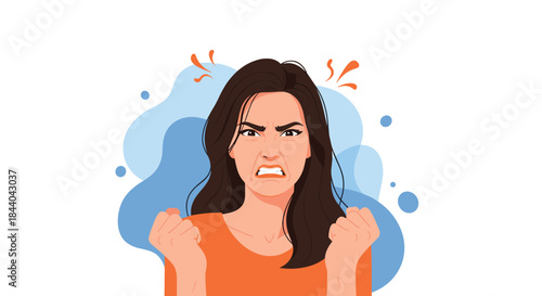 Intensely angry young woman with long brown hair, gritting her teeth and clenching her fists in a fit of rage and frustration.