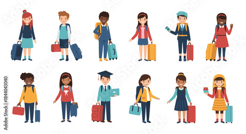Diverse collection of happy multi-ethnic school children with backpacks and suitcases, ready for travel, vacation, or study abroad.