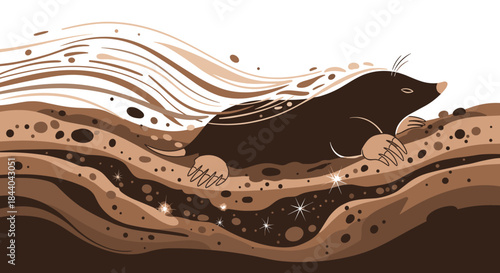 Stylized illustration of a mole digging a tunnel through layers of rich brown earth, with sparkling magic and motion trails behind it.
