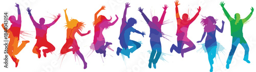 Colorful silhouettes of people jumping in celebration, expressing joy, freedom, energy, youth, motion, happiness, unity, and vibrant movement.