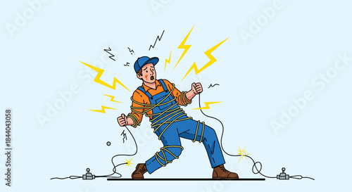 Cartoon man in blue overalls and a cap getting a severe electric shock, tangled in live wires with sparks and lightning effects.