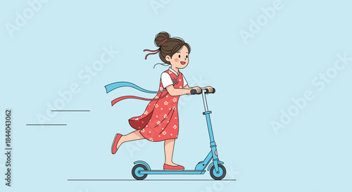 Happy young girl wearing a traditional red Korean hanbok dress, joyfully riding a modern blue electric scooter with ribbons flying.